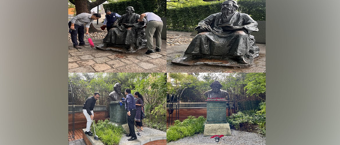 As part of the SwachhataHiSeva2024 Campaign, the Consulate team led by Consul General Dr. N. Nandakumar offered Shramdan in cleaning up of busts of Gurudev RabindranathTagore at Maoming Rd & Luxun Park, Shanghai' (26.09.2024)